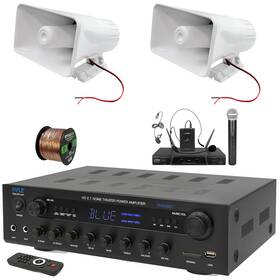 Pyle Phda6bt-2phsp5-pdwm2115 400w Amplifier Receiver 2x 8ftft 65 Watt Horn Speakers Microphone System