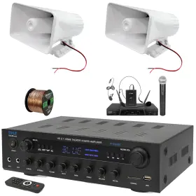 Phda6bt-2phsp5-pdwm2115 Pyle 400w Amplifier Receiver 2x 8ftft 65 Watt Horn Speakers Microphone System