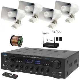 Phda6bt-4phsp4-pdwm2145 Pyle Led Receiver 4x 6ftft Indoor/outdoor Pa Horn Speaker Vhf Microphone System