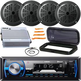 Pyle Plmrb29b-plmrcb1-2plmr51b-a Single Din Marine Bluetooth Receiver With Cover 4x 5.25ftft 100w Speakers Amp